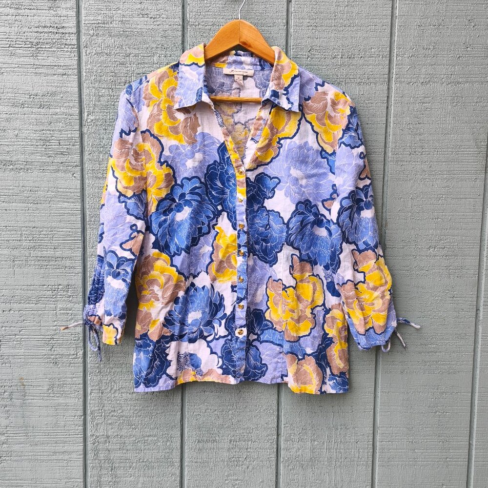 JM Collection 100% Linen Floral Button Down Ruched Sleeve sz 14  Yellow Blue